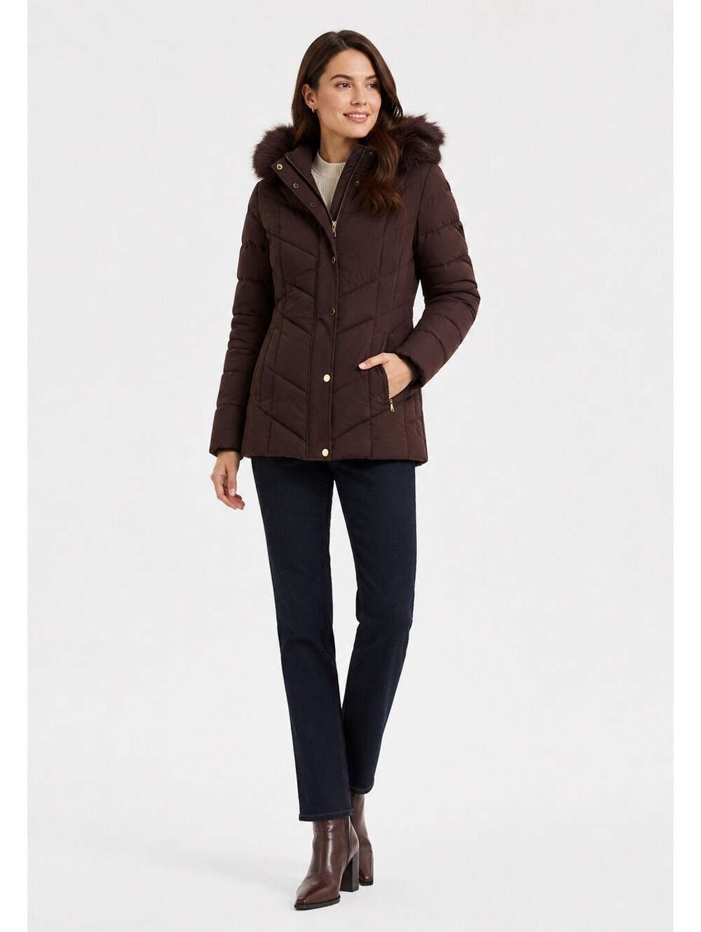 Michael Kors Women’s Brown Puffer Jacket Faux Fur Hood Size XL NWT